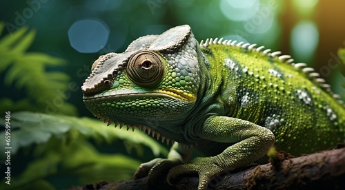 green iguana on a tree  green iguana on a tree branch  close-up of colored chameleon on the tree  close-up of a chameleon in the forest  colorful chameleon face