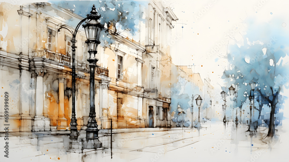Watercolor drawing on the road in the old town - obrazy, fototapety, plakaty 