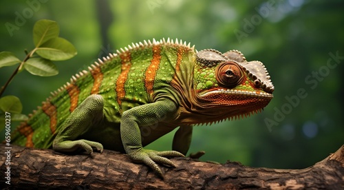 green iguana on a tree  green iguana on a tree branch  close-up of colored chameleon on the tree  close-up of a chameleon in the forest  colorful chameleon face