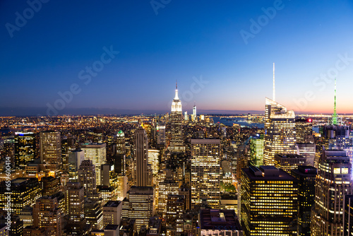 aerial skyline of new york by night
