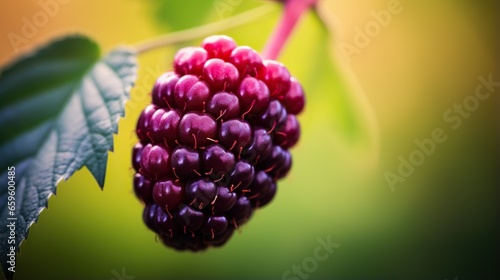  a close up of a berry on a branch with leaves. generative ai