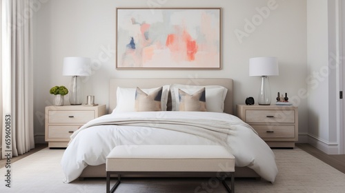 a bedroom adorned in neutral tones, with a pop of color courtesy of vibrant artwork. It's a serene space with a touch of artistic flair. © ZUBI CREATIONS
