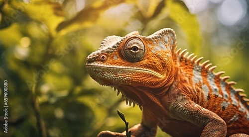 green iguana on a tree, green iguana on a tree branch, close-up of colored chameleon on the tree, close-up of a chameleon in the forest, colorful chameleon face © Gegham