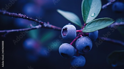  a close up of some blue berries on a tree branch. generative ai