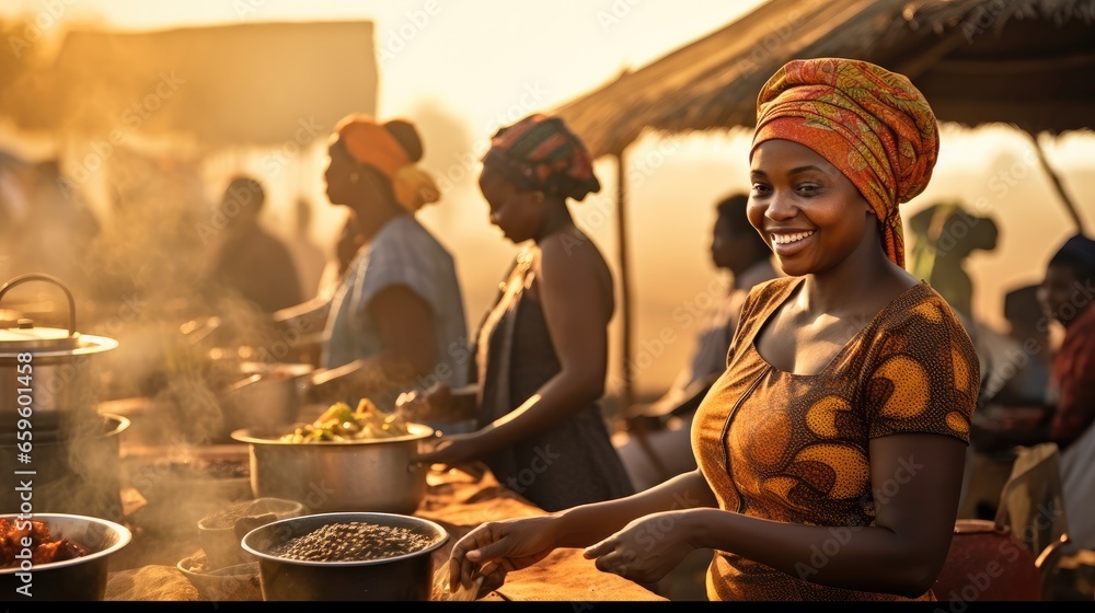 African women wearing traditional clothes are cooking at local food market. - obrazy, fototapety, plakaty 