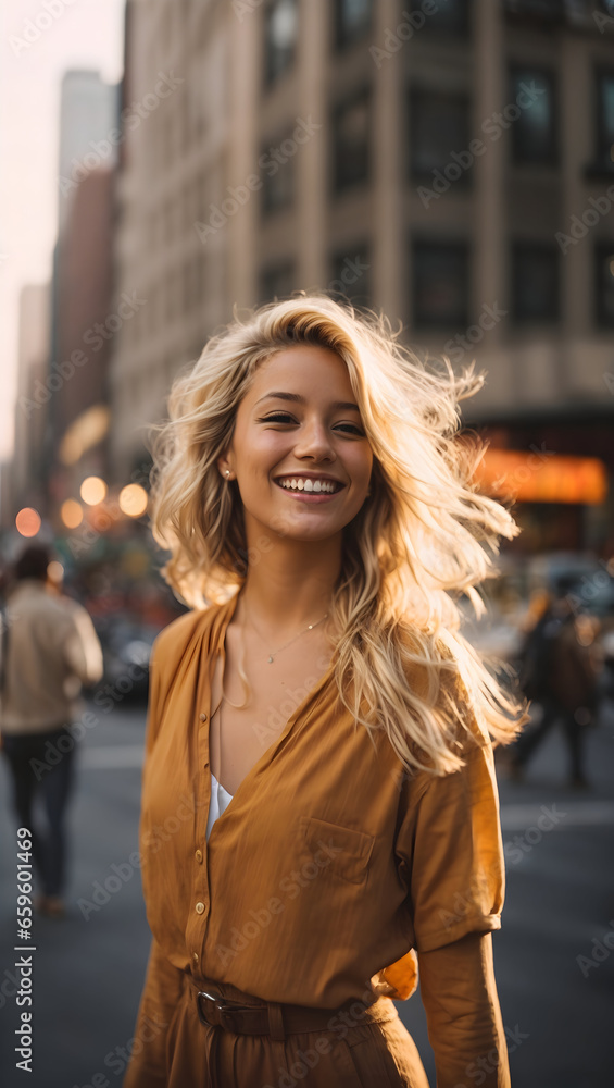 a smiling girl walks on the street of New York