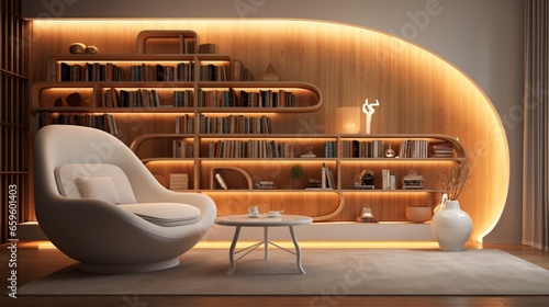 a touch of modernity to your reading nook with a white bookshelf, featuring asymmetrical shelving and secret LED lighting for that extra flair.