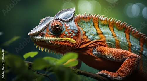 green iguana on a tree  green iguana on a tree branch  close-up of colored chameleon on the tree  close-up of a chameleon in the forest  colorful chameleon face