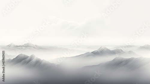  a black and white photo of a mountain range with fog. generative ai