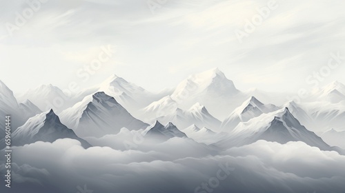  a painting of a mountain range with clouds in the foreground. generative ai