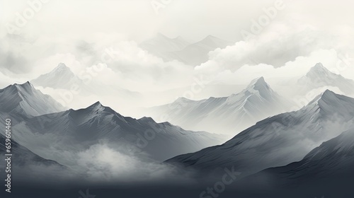  a black and white photo of a mountain range with clouds. generative ai