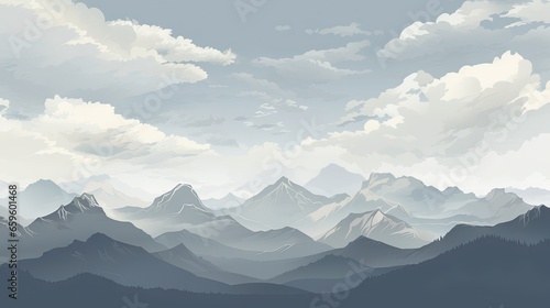  a painting of a mountain range with clouds in the sky. generative ai