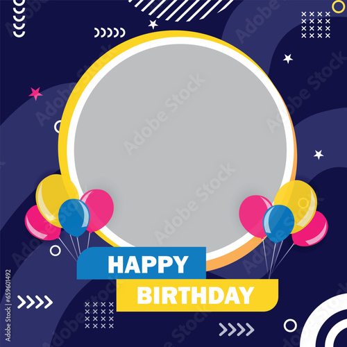 Happy birthday social media post, squire banner template with balloons and abstract elements.