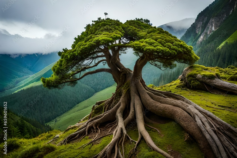 A large tree roots growing on a rock, a testament to nature's ingenuity ...