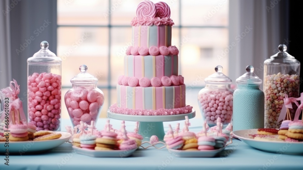 Tasty candy bar for Birthday party on table. Tasty candy bar for Birthday party on table.