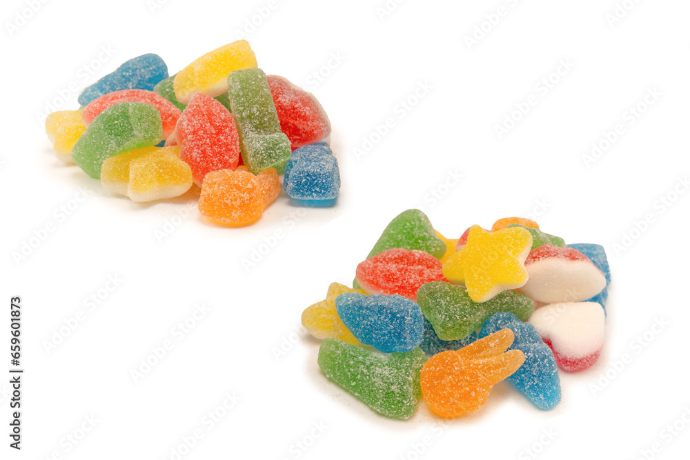 Assorted gummy candies isolated on a white background. Top view. Assorted gummy candies isolated on a white background. Top view.