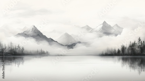  a black and white painting of a mountain lake and trees.  generative ai