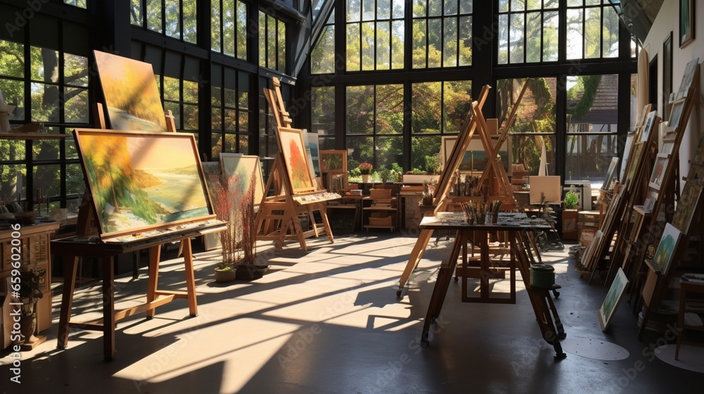 an artist's studio flooded with sunlight, adorned with large windows casting a warm glow on easels holding works in progress. an artist's studio flooded with sunlight, adorned with large windows casting a warm glow on easels holding works in progress.