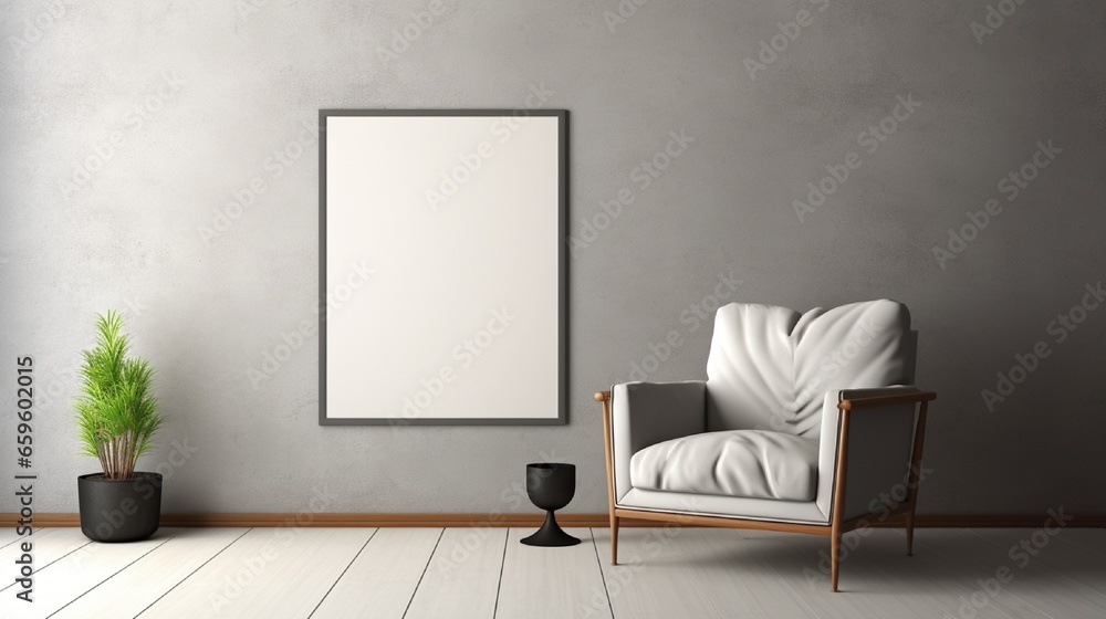 A sleek modern room with a lone empty frame on a muted gray wall. A sleek modern room with a lone empty frame on a muted gray wall.