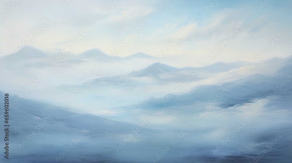  a painting of a mountain range in the sky with clouds.  generative ai