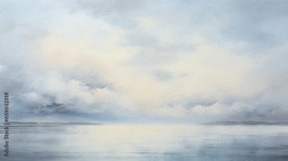  a painting of a large body of water under a cloudy sky.  generative ai