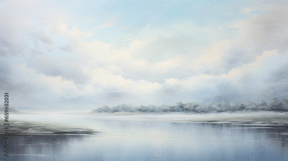 a painting of a lake with clouds in the sky above it.  generative ai