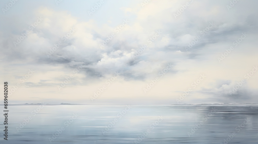  a painting of a large body of water under a cloudy sky.  generative ai