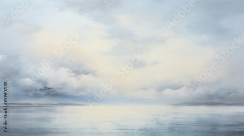  a painting of a large body of water under a cloudy sky. generative ai