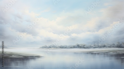  a painting of a lake with clouds in the sky above it. generative ai