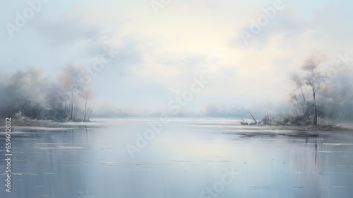  a painting of a lake with trees in the distance and clouds in the sky.  generative ai © Anna