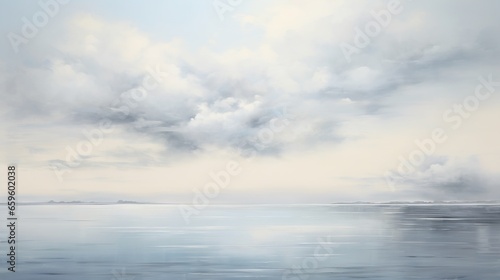  a painting of a large body of water under a cloudy sky. generative ai