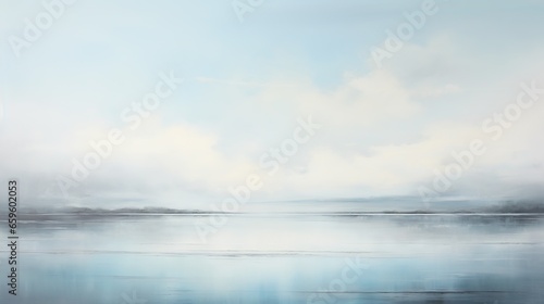 a painting of a body of water with clouds in the background. generative ai