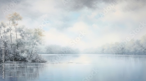  a painting of a lake with trees in the background and a cloudy sky.  generative ai © Anna