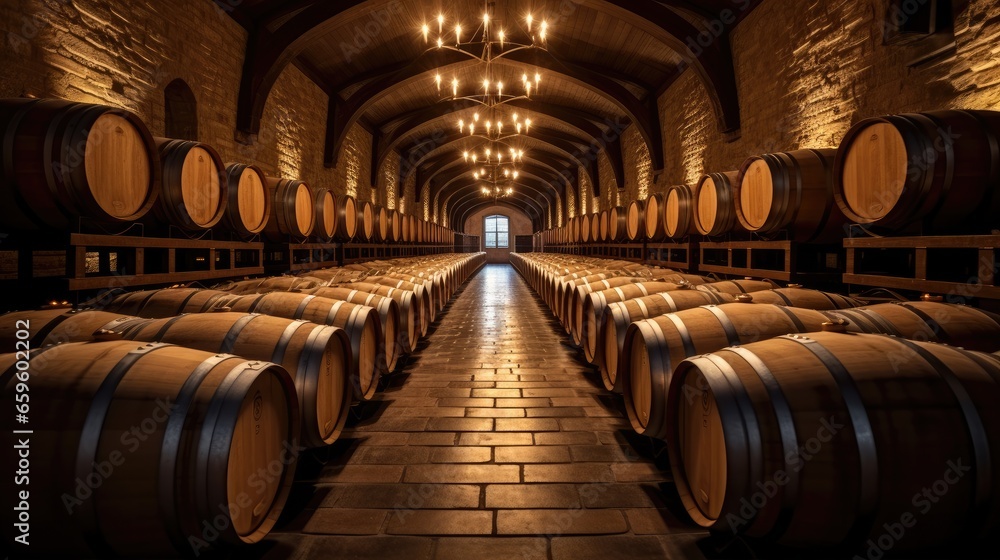 Wooden barrels in Wine Cellar, Wine Cellar with large barrels.