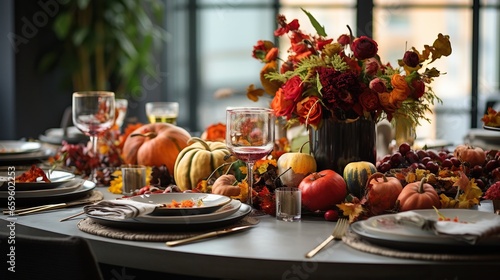  a table set for a thanksgiving dinner with flowers and pumpkins. generative ai