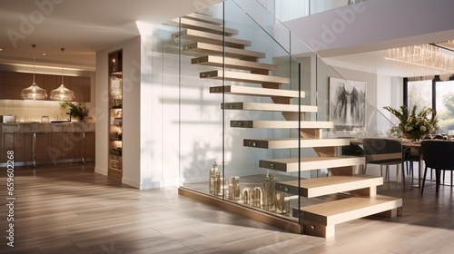 Ascend a sleek staircase with glass railings and integrated lighting, making every step a journey through modern elegance.
