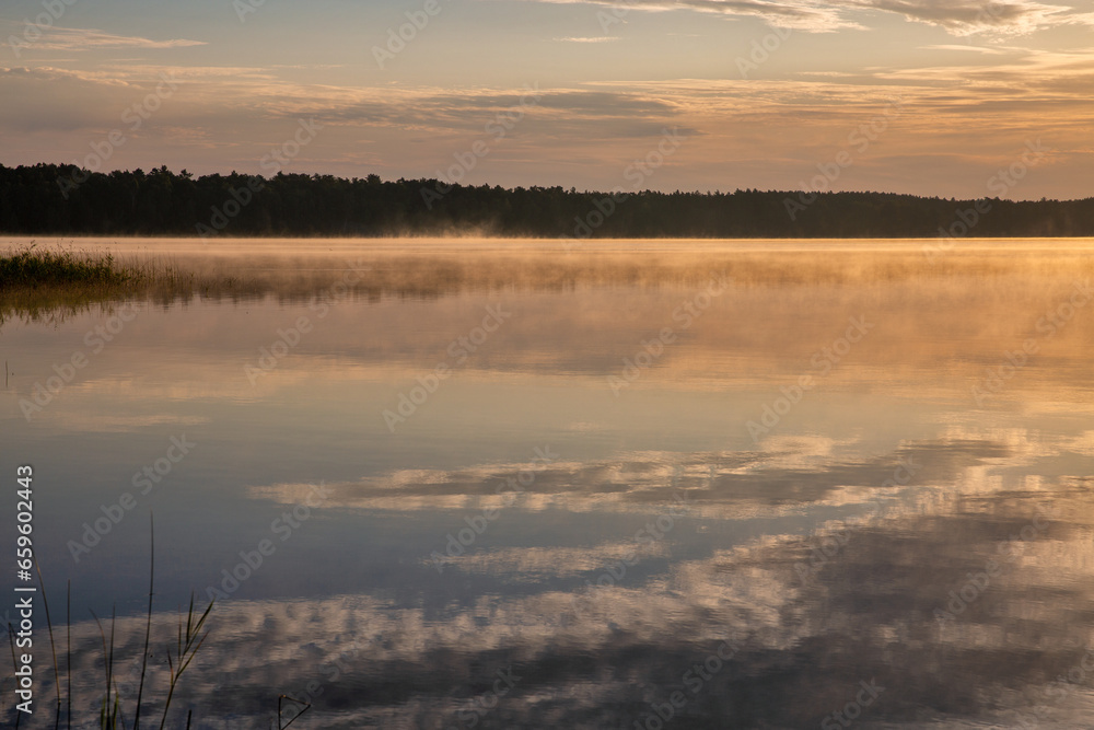 View over sunrise White Lake. Rivne region, Ukraine.