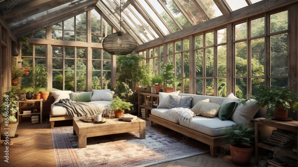 Bask in the sunlight of a conservatory filled with a mix of indoor plants. It's a serene oasis where the boundaries between indoors and outdoors blur.