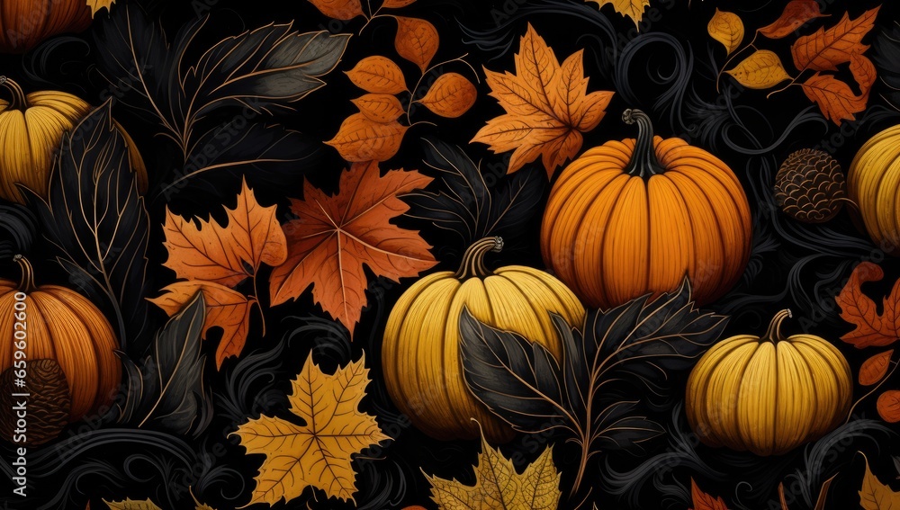 pumpkins and leaves are all over the top of a black background ...