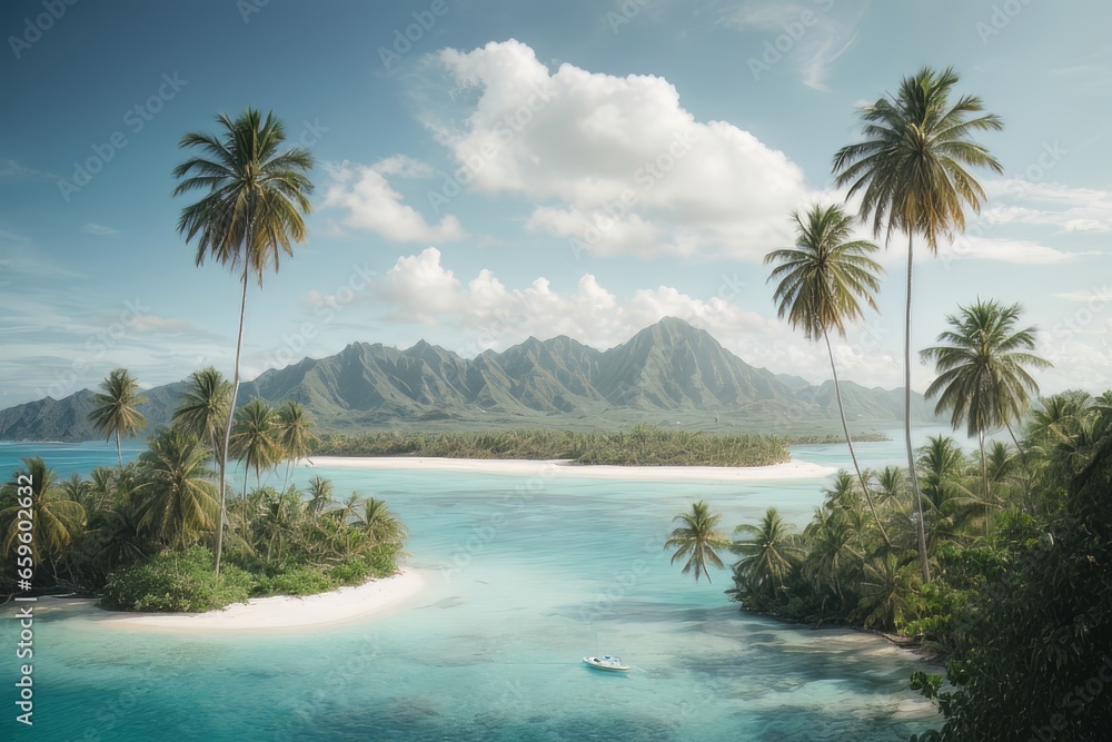 Illustration of paradise landscapes with turquoise sea, white sand, and palm trees. Tropical beaches.