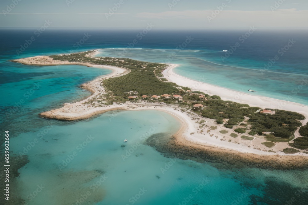Fototapeta premium Illustration of Mediterranean-style paradise landscapes with turquoise sea and white sand seen from a drone
