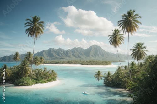 Illustration of paradise landscapes with turquoise sea  white sand  and palm trees. Tropical beaches.