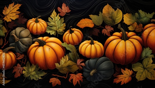 pumpkins and leaves are all over the top of a black background Generative AI