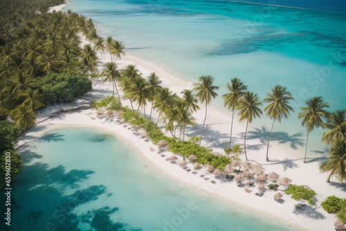 Illustration of paradise landscapes with turquoise sea, white sand, and palm trees. Tropical beaches seen from a drone. © sebas