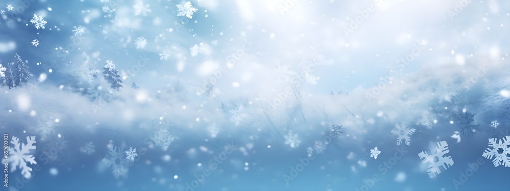 Winter's Enchantment: Snow Background with Silver Snowflakes, Ethereal Landscape, and Bokeh Effect, Winter Wonderland Background