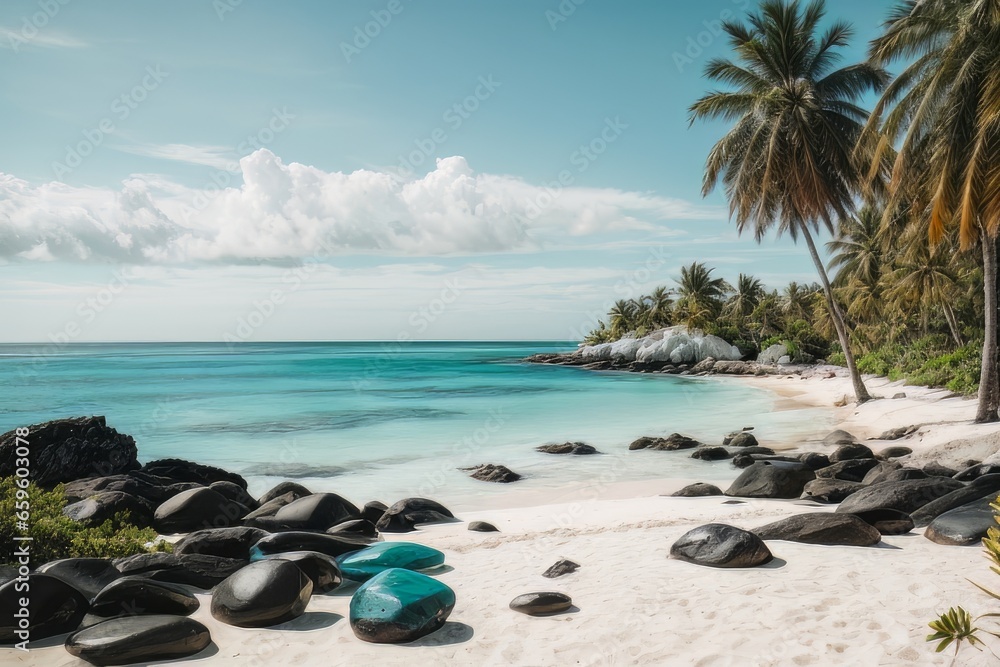 Illustration of paradisiacal landscapes with turquoise sea and white sand