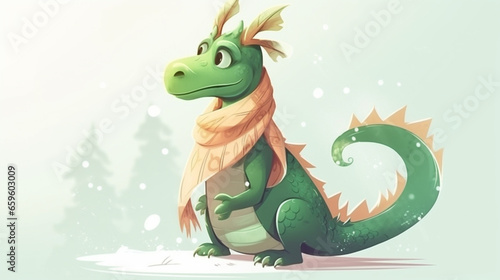 Cute green dragon. AI Generated