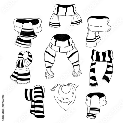 knotted scarf. Collection doodle scarves and neckerchief. Vector illustration. Isolated Hand drawn drawing seasonal clothing