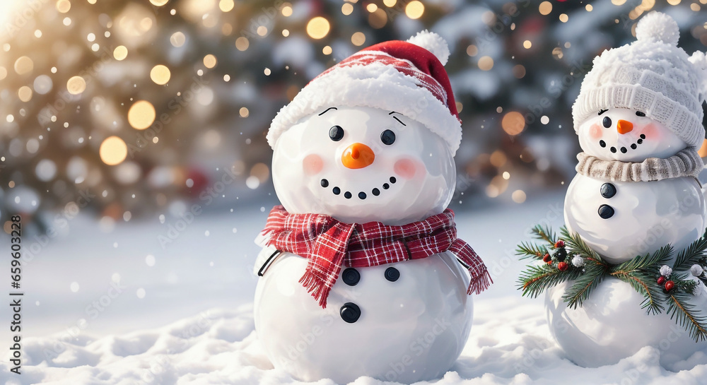 Christmas decoration with a cute cheerful snowman Christmas decoration with a cute cheerful snowman