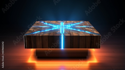 a mosaic wooden podium style decorated with neon lightning photo